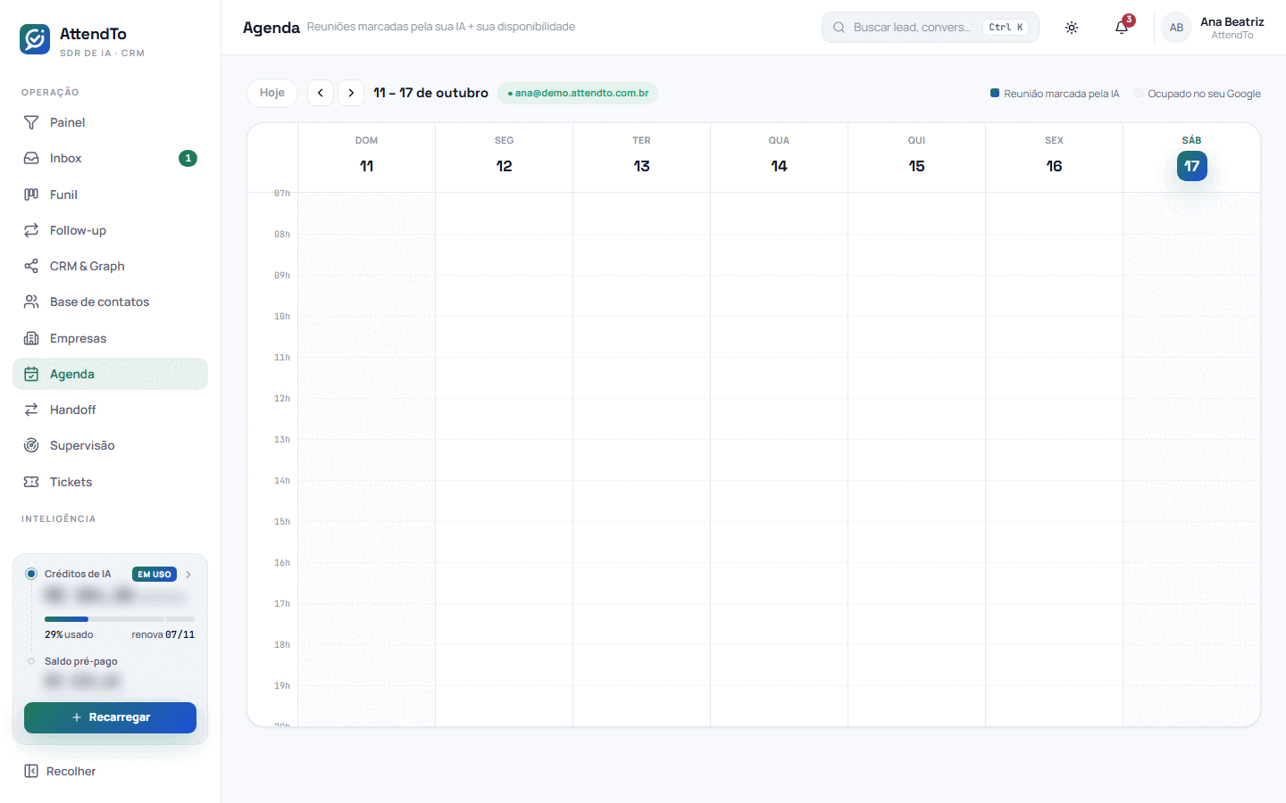 Captura da tela Agenda. A tela Agenda serve para ver, semana a semana, as reuniões que a IA marcou com os leads e os horários já ocupados no Google Agenda, e abrir a conversa de cada reunião.