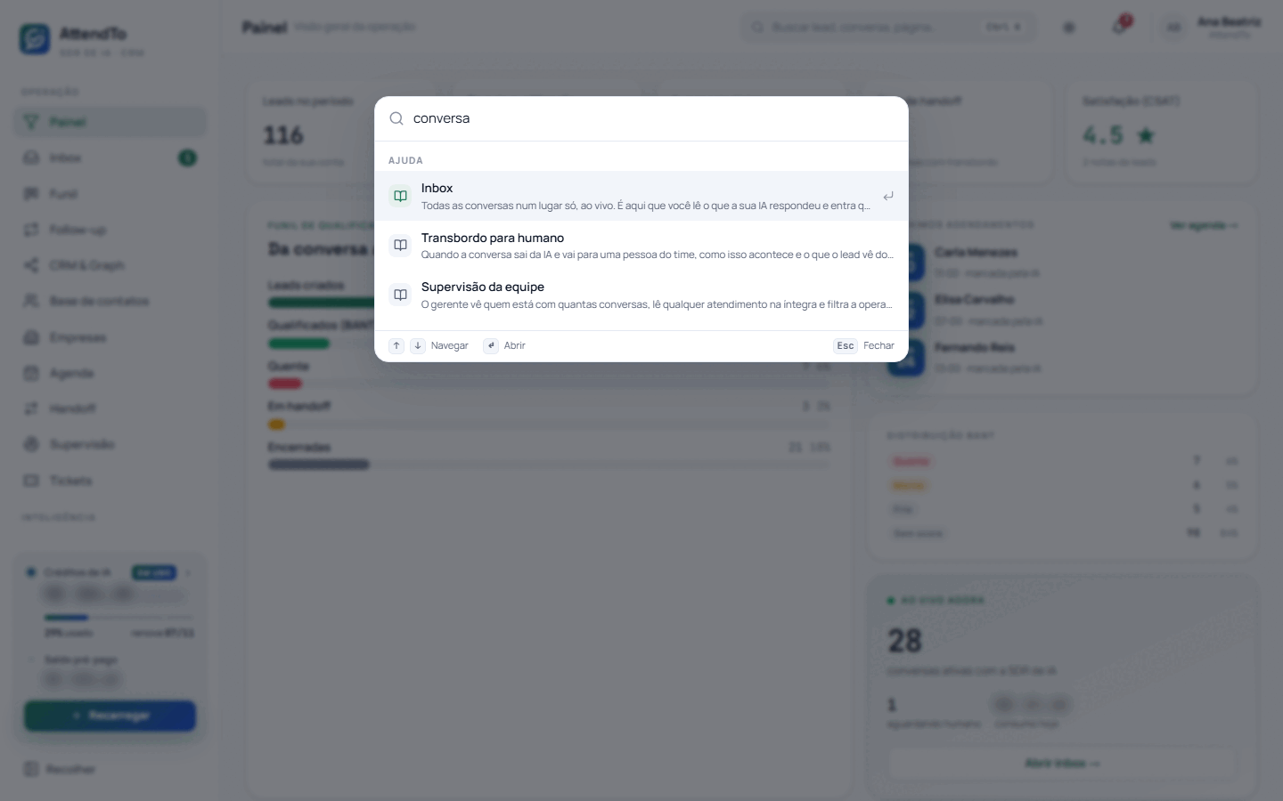 Captura da tela Busca de comandos. A busca de comandos serve para pular para qualquer página, lead, conversa ou guia da ajuda digitando, sem passar pelo menu, e abre com Ctrl K (Cmd K no Mac).