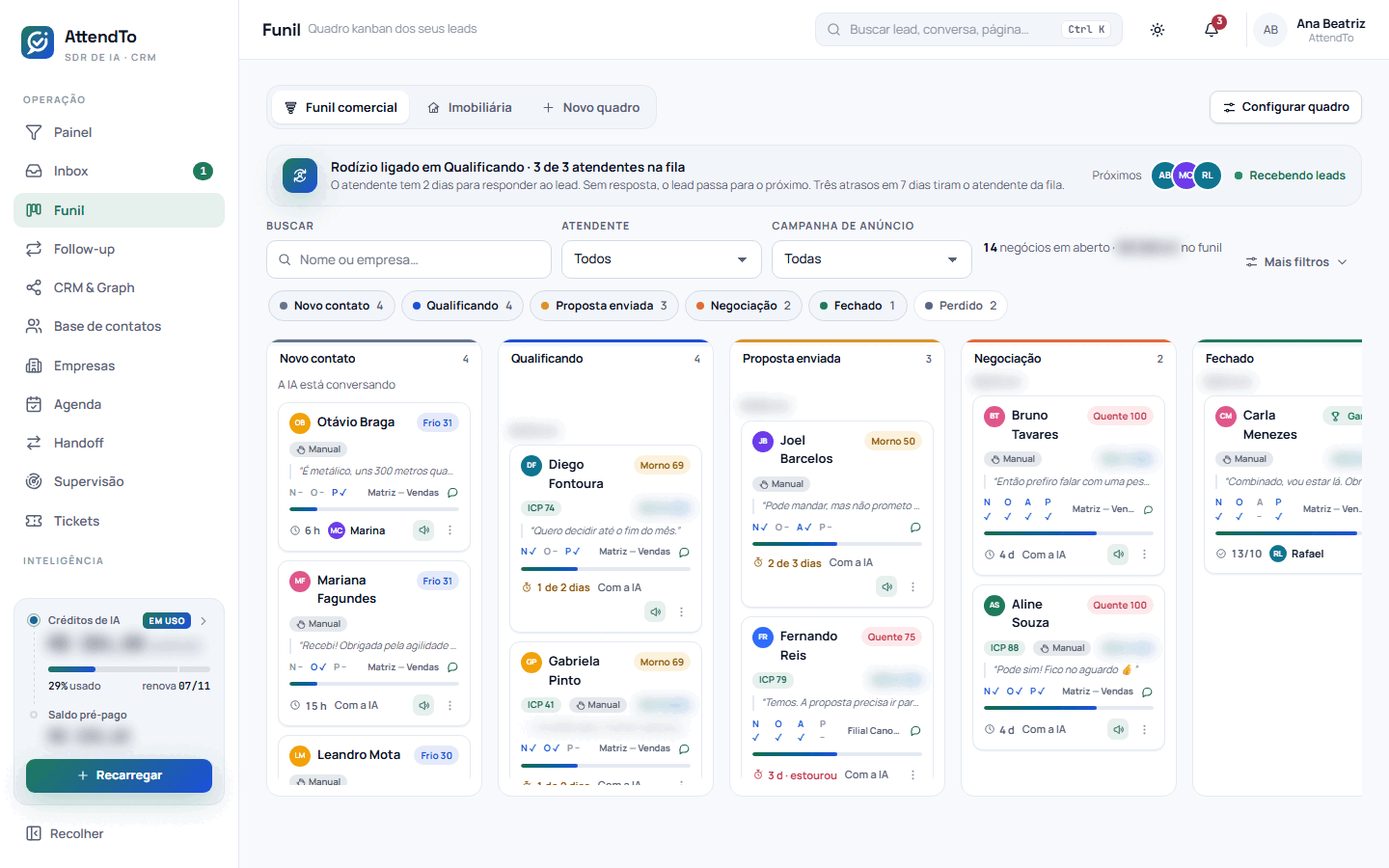 Captura da tela Menu. O menu lateral do painel serve para ir a qualquer tela, agrupadas em OPERAÇÃO, INTELIGÊNCIA e CONTA, e para ver de relance quem espera no Inbox e como estão os créditos e o saldo.