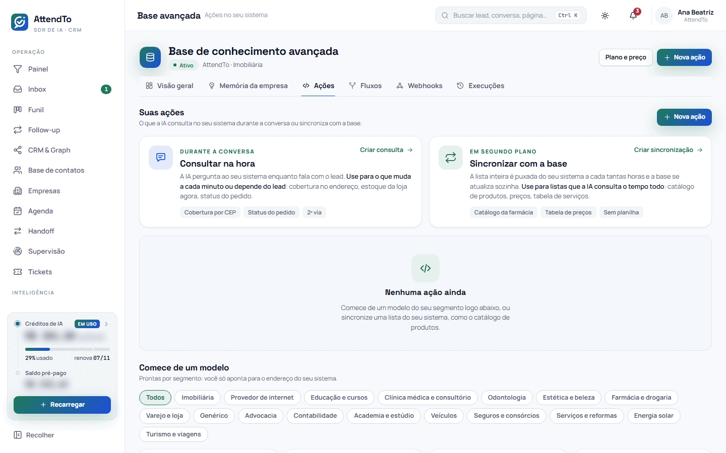 Captura da tela Ações no seu sistema. A tela Ações serve para ver e criar o que a IA consulta no seu sistema durante a conversa ou sincroniza com a base, começando do zero ou de um modelo pronto do seu Segmento.