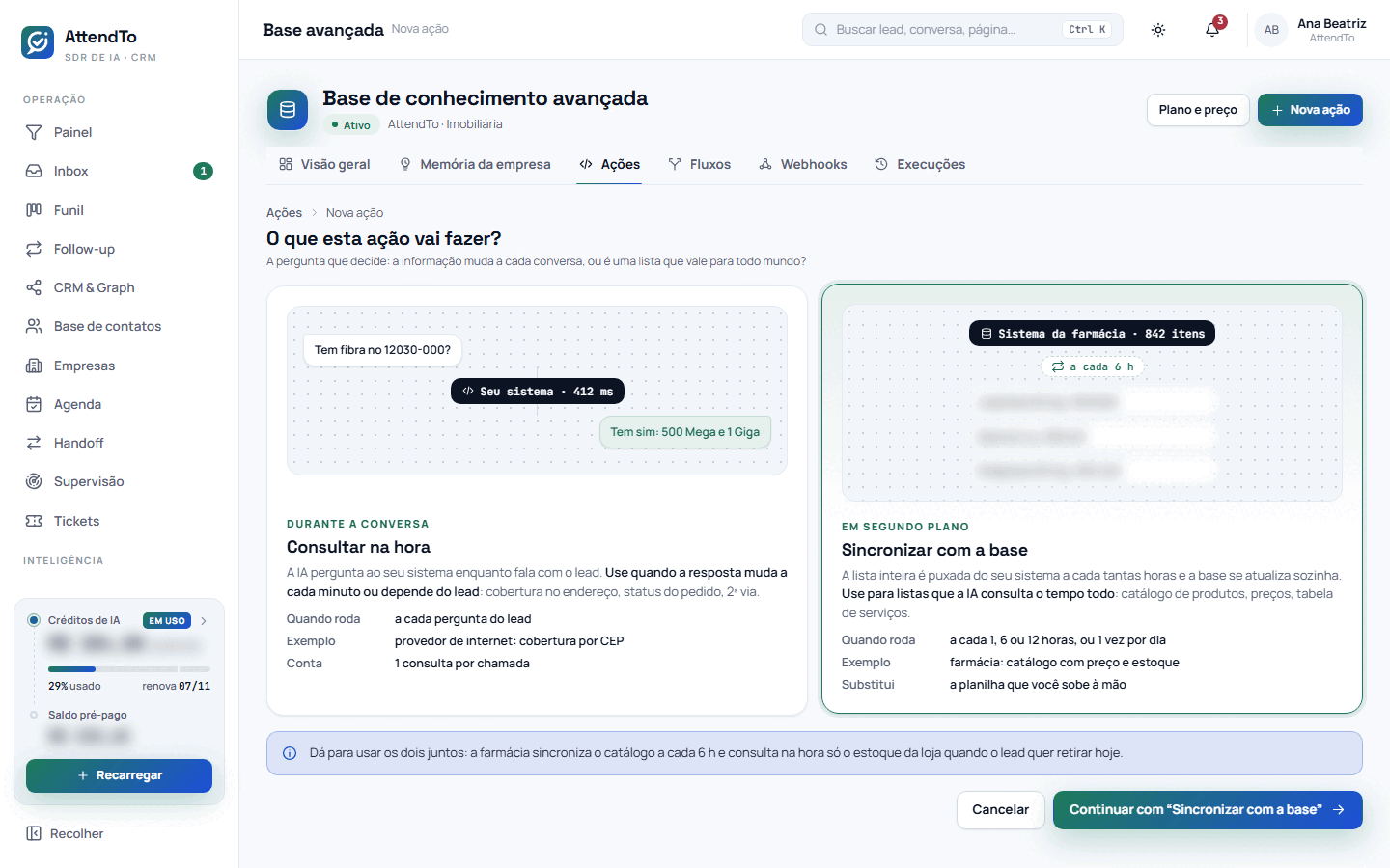 Captura da tela Nova ação. A tela Nova ação serve para decidir o tipo da ação: consultar o seu sistema na hora, durante a conversa, ou sincronizar uma lista inteira com a base de tempos em tempos.