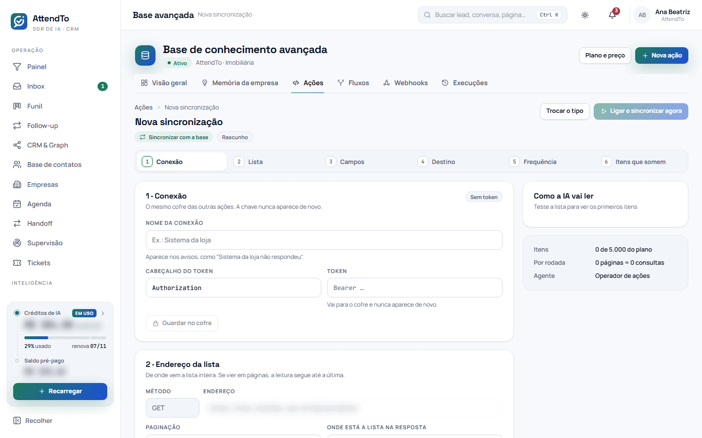 Captura da tela Nova sincronização. A tela Nova sincronização serve para ligar uma lista do seu sistema (catálogo, preços, tabela de serviços) à base, em seis passos, com teste da lista e prévia de como a IA vai ler cada item.