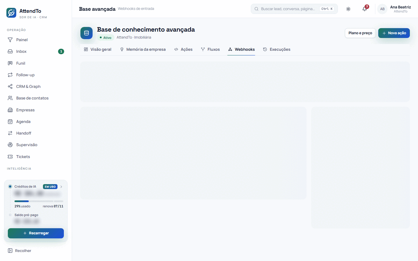 Captura da tela Webhooks de entrada. A tela Webhooks de entrada serve para dar ao seu sistema um endereço assinado para avisar a plataforma, nomear cada evento que chega e montar regras do tipo “quando chegar X, para os leads certos, faça Y”.
