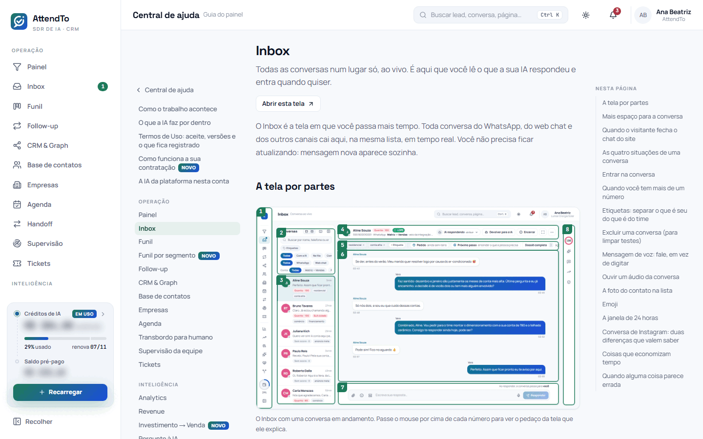 Captura da tela Guia do painel. A tela de guia serve para ler a explicação completa de uma tela do painel, com imagens numeradas, passo a passo, avisos e perguntas frequentes, e voltar à tela quando terminar.