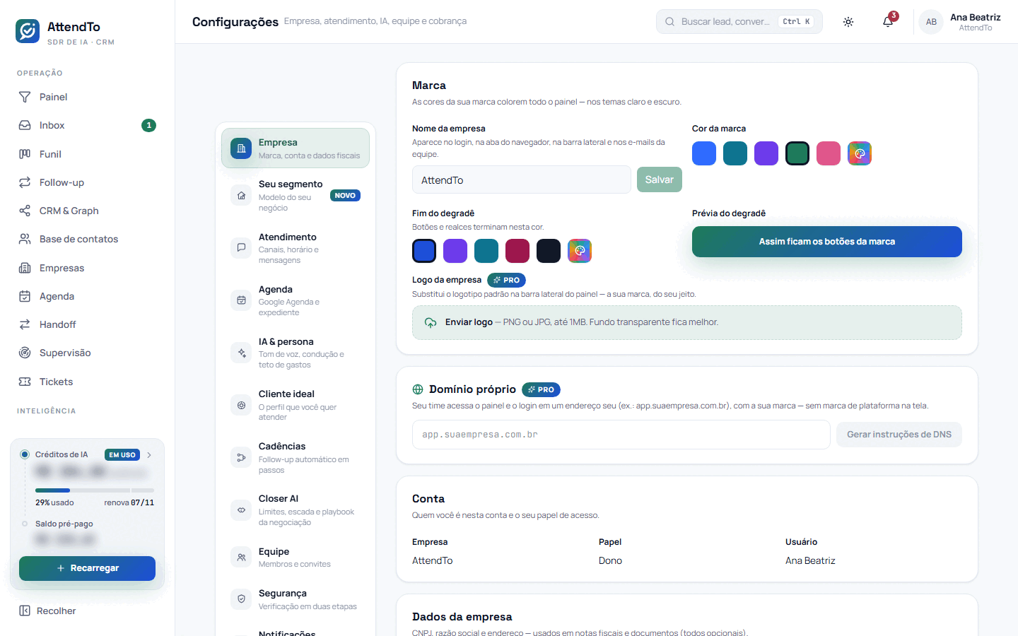 Captura da tela Configurações. A tela Configurações serve para ajustar a conta inteira em um só lugar, dividida em seções na coluna da esquerda que trocam o conteúdo sem sair da página.