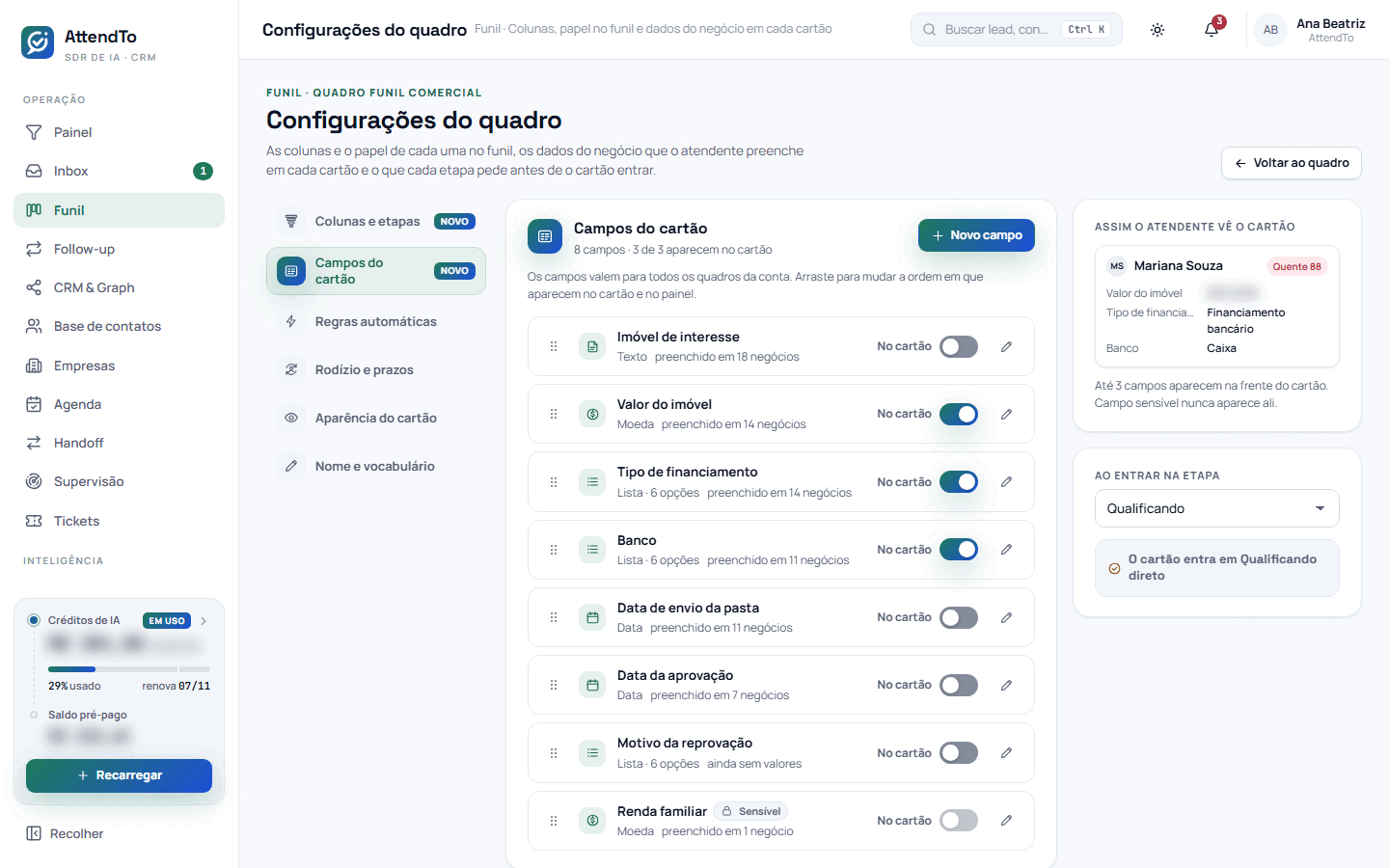 Captura da tela Configurações do quadro. A tela Configurações do quadro serve para definir as colunas e o papel de cada uma no funil, os campos do negócio e o que cada etapa pede, as regras automáticas, os prazos e o rodízio, a aparência do cartão, o nome e o vocabulário do quadro.
