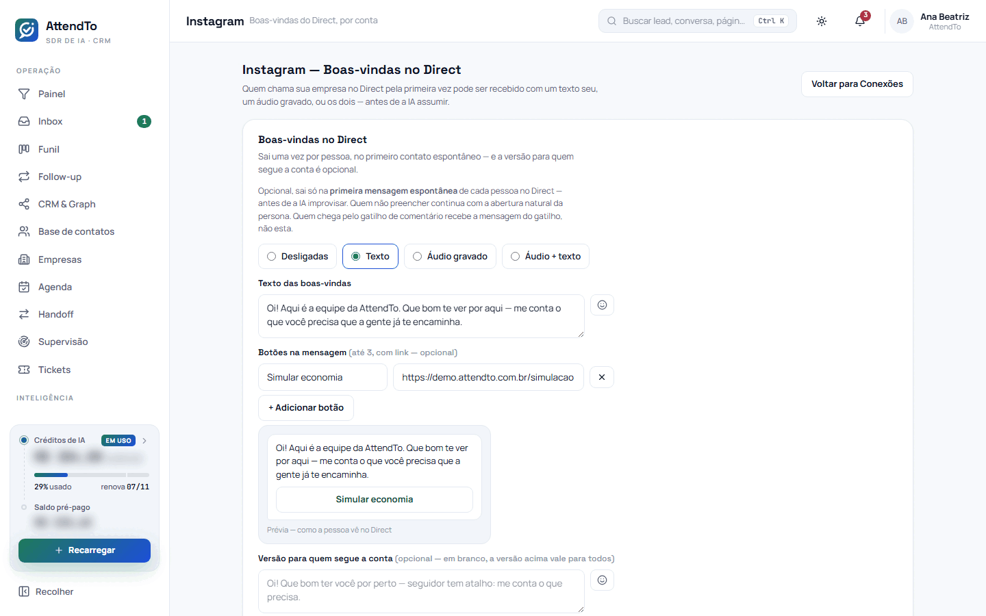 Captura da tela Instagram — Boas-vindas no Direct. A tela Boas-vindas no Direct serve para receber quem chama a empresa no Direct pela primeira vez com um texto seu, um áudio gravado por você, ou os dois, antes de a IA assumir.