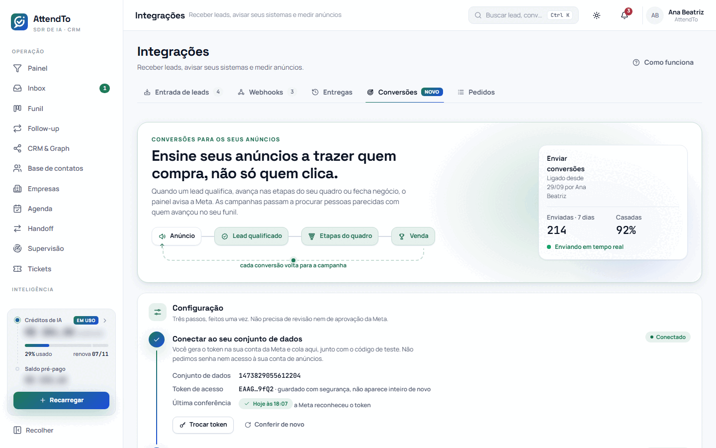 Captura da tela Conversões. A aba Conversões serve para devolver à Meta, pela API de Conversões, cada lead qualificado, etapa do funil e venda, para as campanhas procurarem pessoas parecidas com quem compra e não só com quem clica.