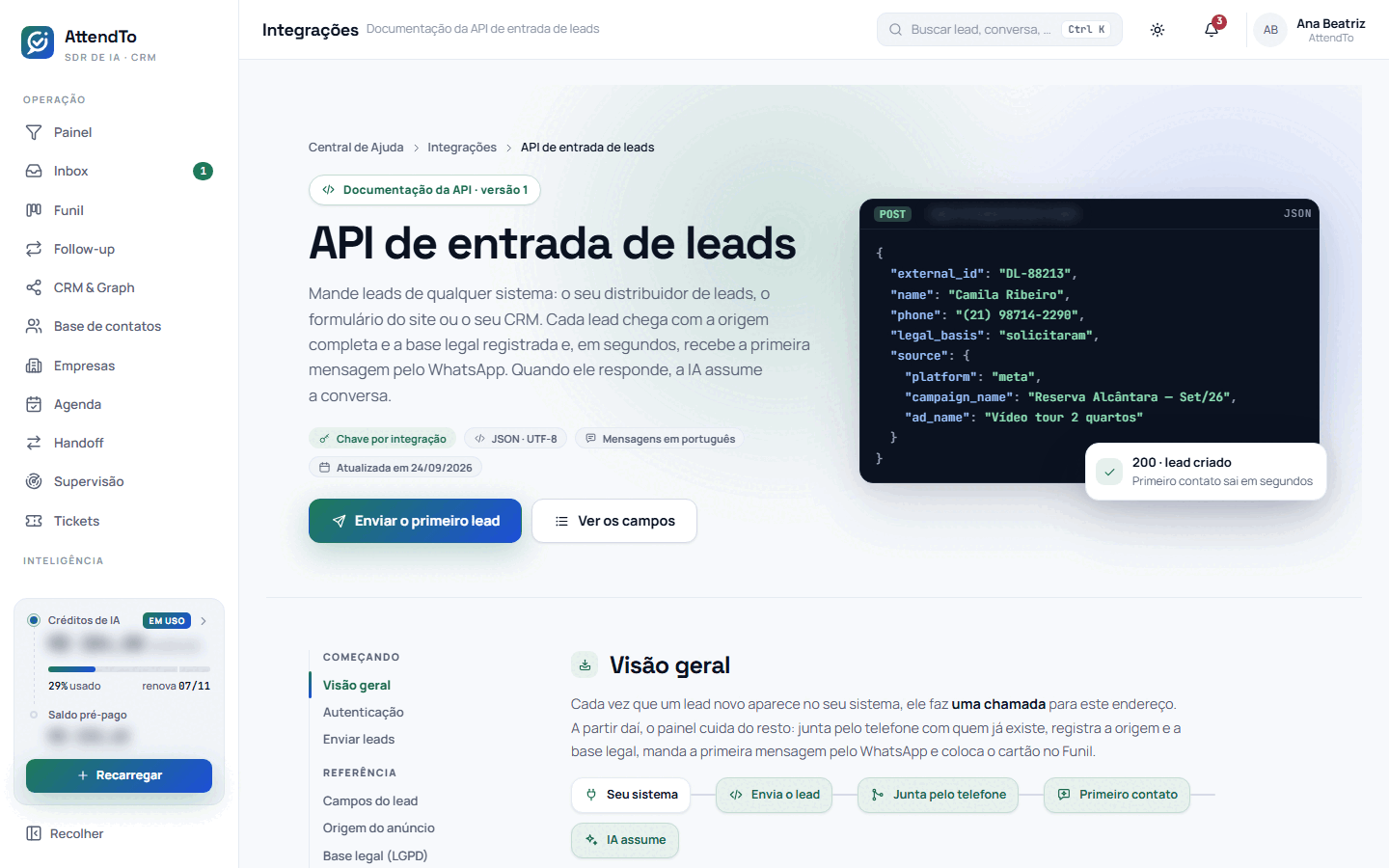 Captura da tela API de entrada de leads. A tela API de entrada de leads é a documentação, dentro do painel, para quem programa o sistema que vai mandar leads: autenticação, campos, origem, base legal, respostas, erros e motivos de recusa.
