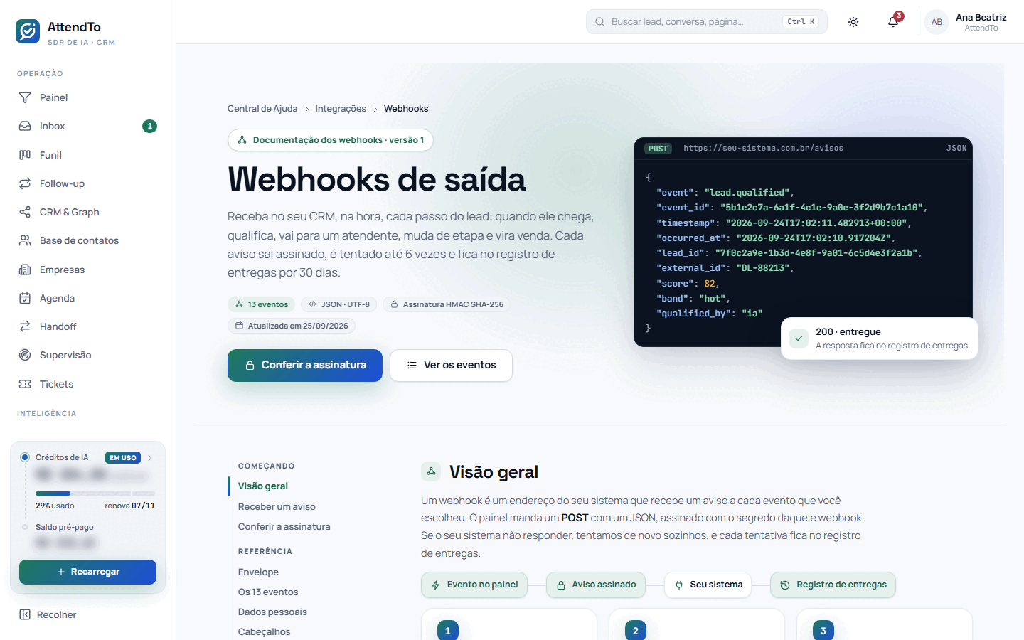 Captura da tela Webhooks de saída. A tela Webhooks de saída é a documentação, dentro do painel, para quem programa o recebimento dos avisos: como receber, como conferir a assinatura, o envelope, os eventos, os cabeçalhos, as novas tentativas e a pausa automática.