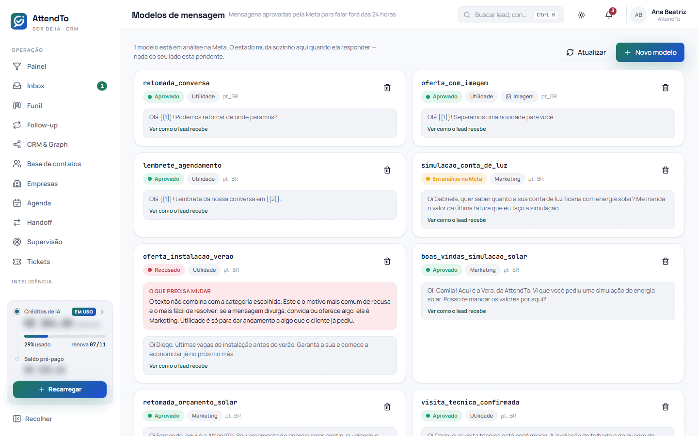 Captura da tela Modelos de mensagem. A tela Modelos de mensagem serve para ver todos os modelos do WhatsApp com o estado de aprovação na Meta, a categoria e a prévia de cada um, e para criar ou remover modelos.
