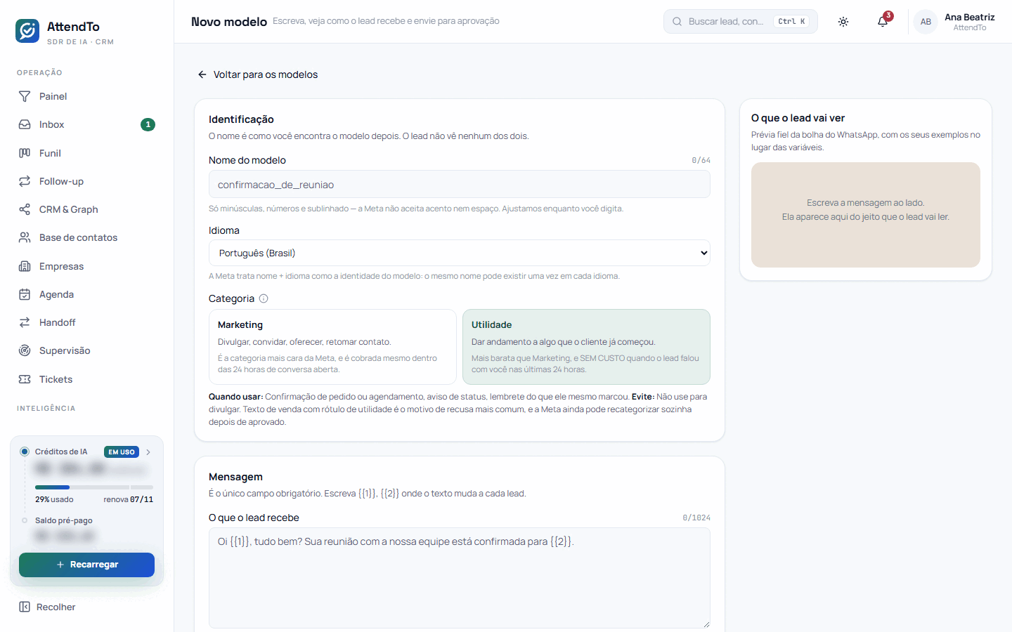 Captura da tela Novo modelo. A tela Novo modelo serve para escrever um modelo de WhatsApp com prévia ao lado, escolher a categoria e o idioma, acrescentar cabeçalho, rodapé e botões e enviar tudo para a aprovação da Meta.