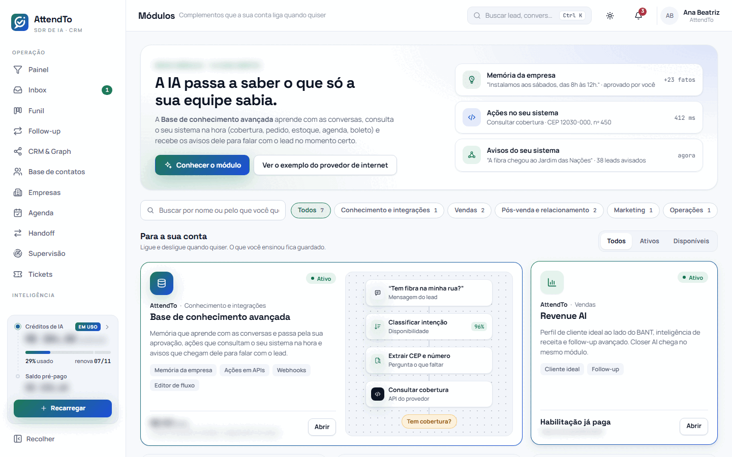 Captura da tela Módulos. A tela Módulos serve para ver os complementos disponíveis para a conta, filtrar por categoria e situação, ativar ou abrir cada um e pedir aviso dos que ainda vão chegar.