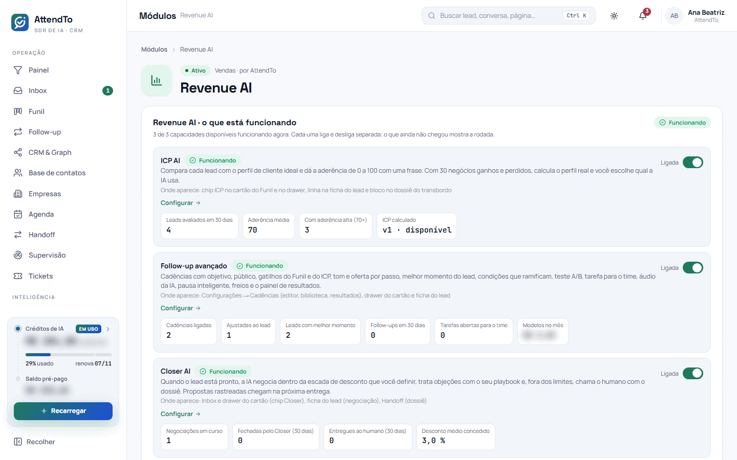 Captura da tela Revenue AI. A tela Revenue AI serve para ver o que o módulo Revenue AI tem funcionando na conta e ligar ou desligar cada capacidade dele, como o perfil de cliente ideal e o follow-up avançado.