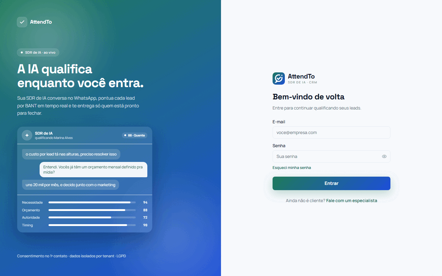 Captura da tela Entrar. A tela Entrar serve para acessar o painel com e-mail e senha, com código extra quando o aparelho é novo ou quando a conta tem verificação em duas etapas.