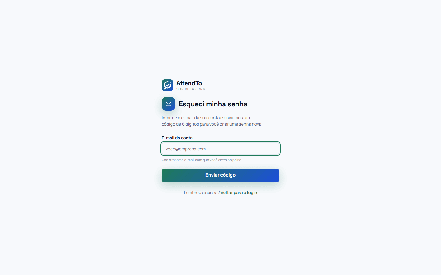 Captura da tela Esqueci minha senha. A tela Esqueci minha senha serve para criar uma senha nova a partir de um código de 6 dígitos enviado ao e-mail da conta, sem precisar pedir ajuda a ninguém.