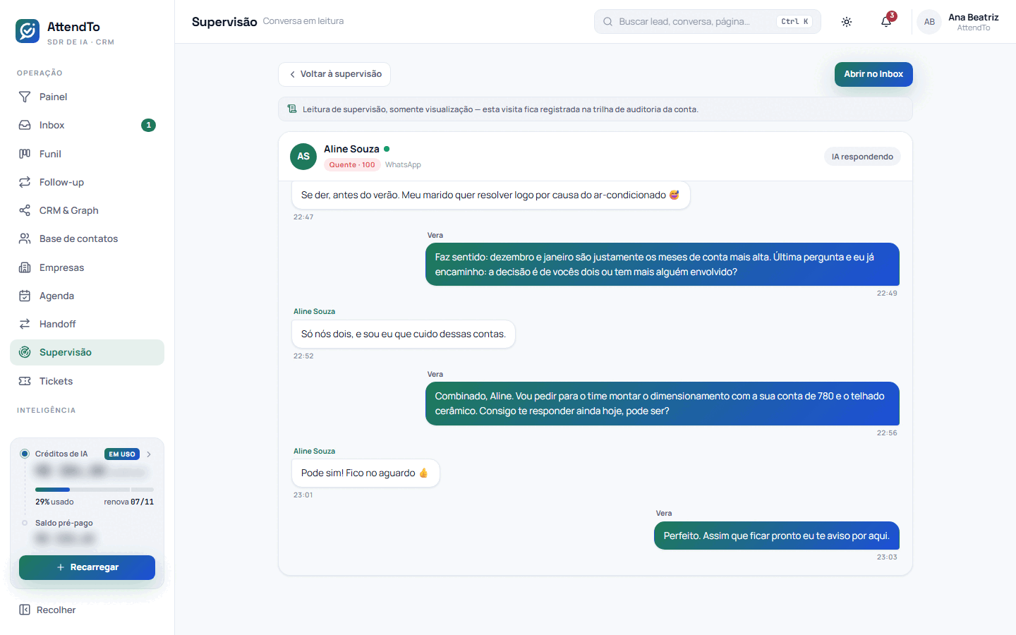 Captura da tela Conversa em leitura. A leitura de supervisão serve para o gestor ler na íntegra uma conversa da equipe, ao vivo, sem poder responder, transferir ou encerrar por ali.