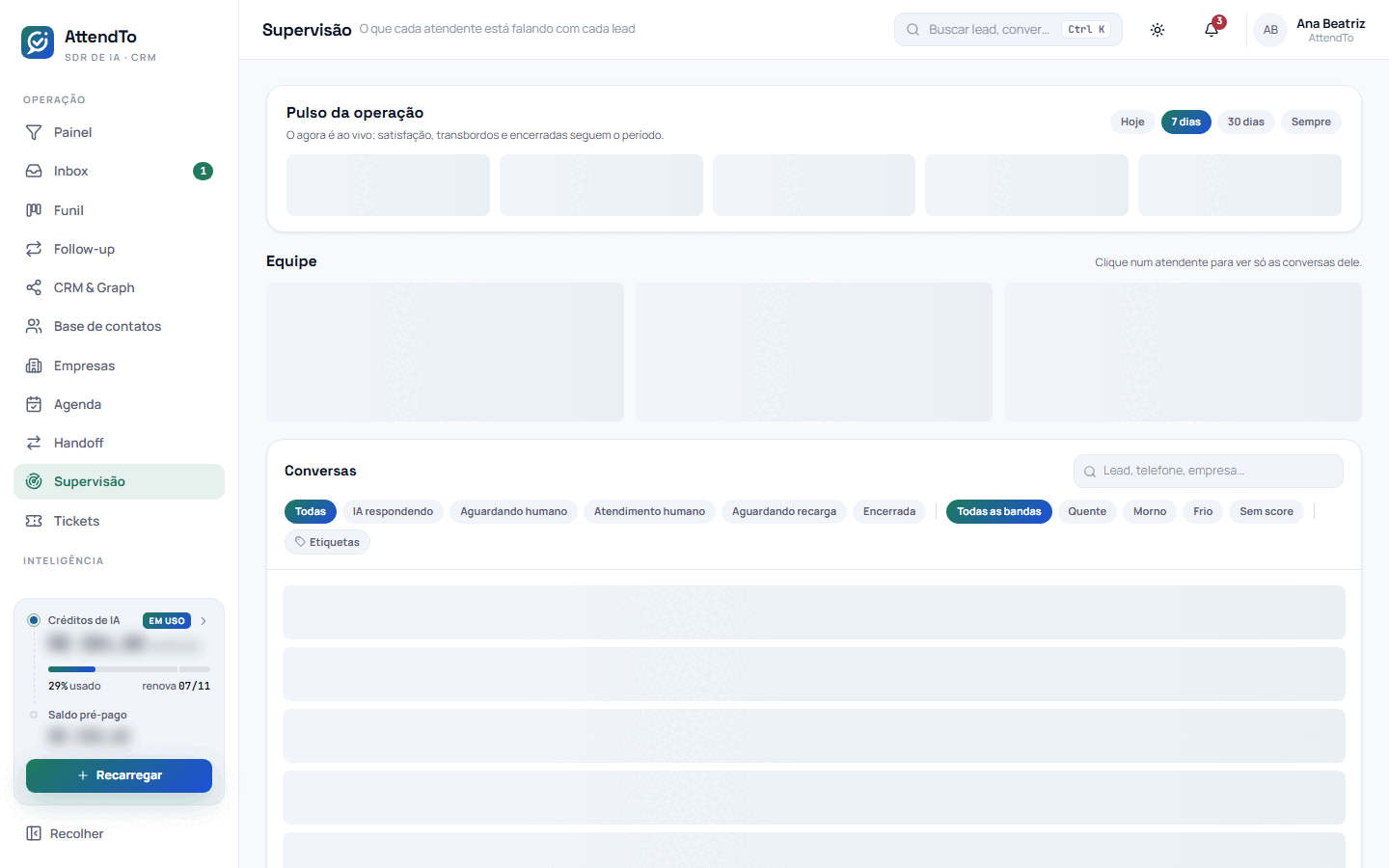 Captura da tela Supervisão. A tela Supervisão serve para o gestor ver quem está sobrecarregado agora, como cada atendente está indo no período e achar qualquer conversa da equipe por situação, banda, etiqueta, atendente ou busca.